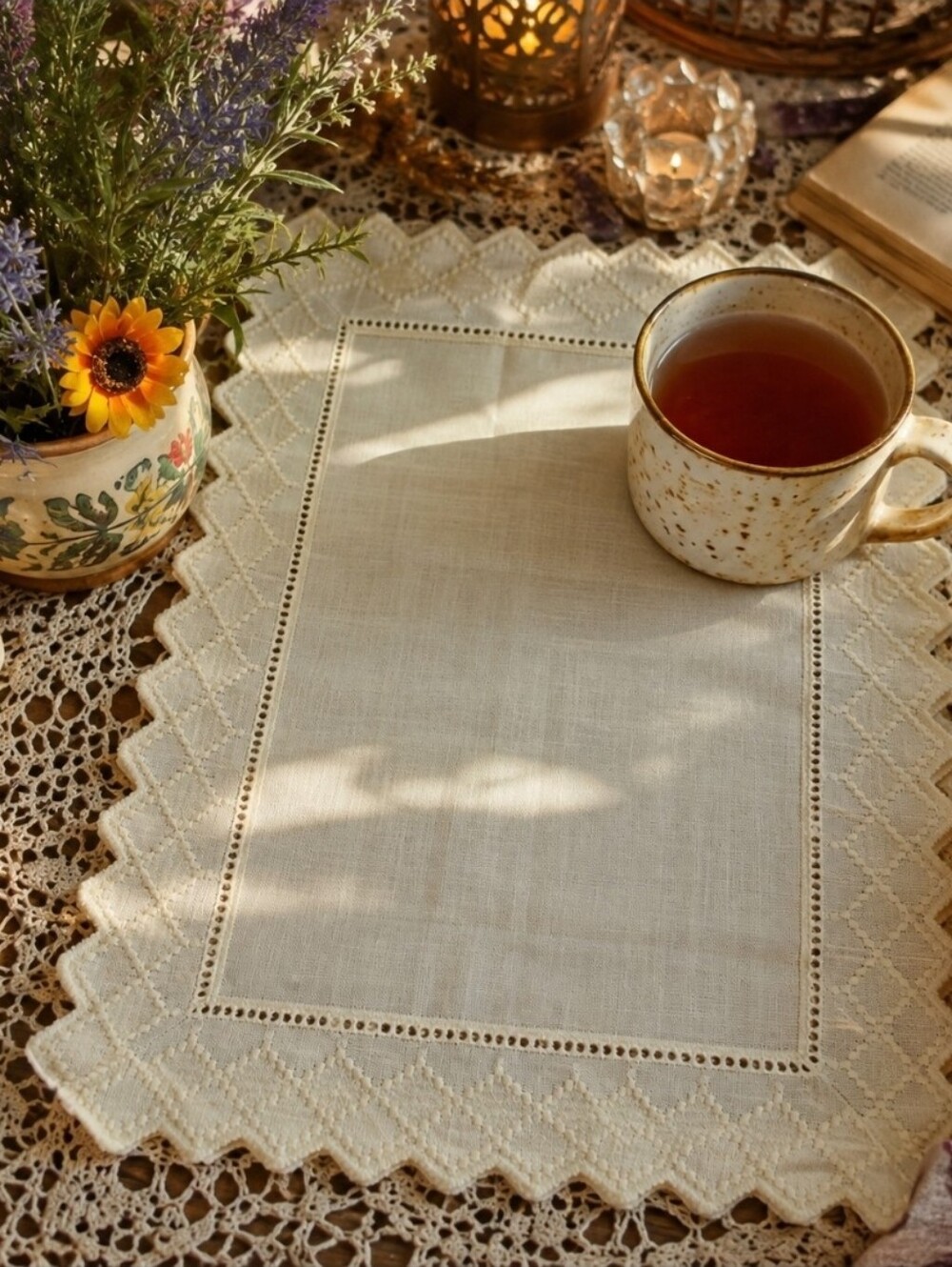 4/$15 Vintage Ivory Lace Placemat 12x18" Scalloped Cottagecore Table Mat